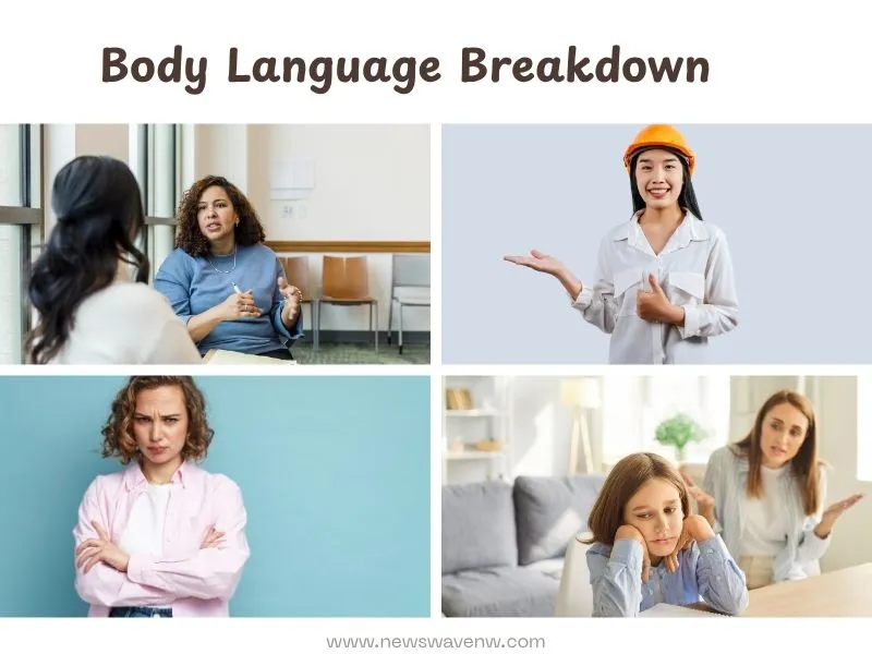 Illustration showing positive body language with smiling person, open arms, eye contact, and friendly gestures to convey confidence and interest in communication.